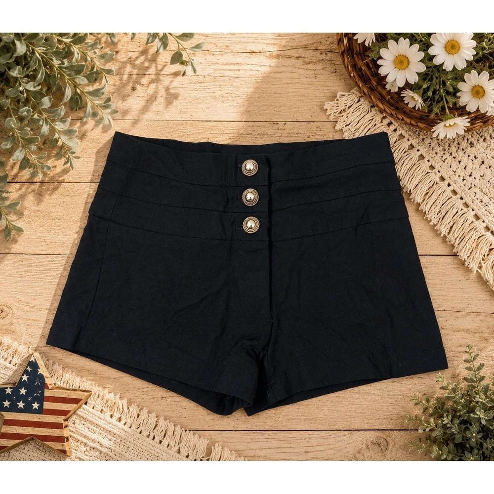 Body Central Black High Waist Sailor Shorts Gold Button Stretch Women's S Y2K